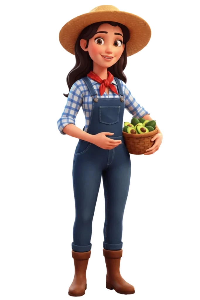 Agricultora con sombrero de paja sosteniendo una cesta de aguacates abiertos por la mitad