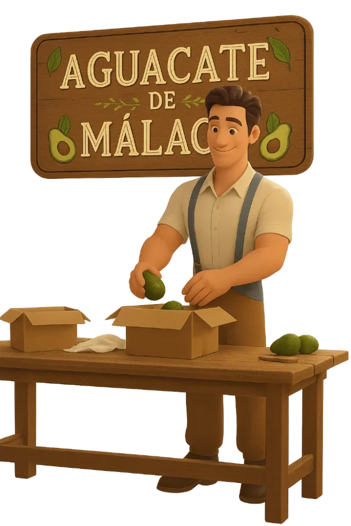 Agricultor preparando cajas de cartón con aguacates sobre una mesa de madera, bajo el cartel Aguacate de Málaga