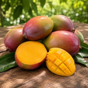 Mangos ecológicos enteros y abiertos sobre una mesa de madera