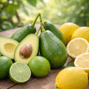 Aguacates Bacon enteros y abiertos por la mitad, junto a limas y limones enteros y cortados, sobre una mesa de madera